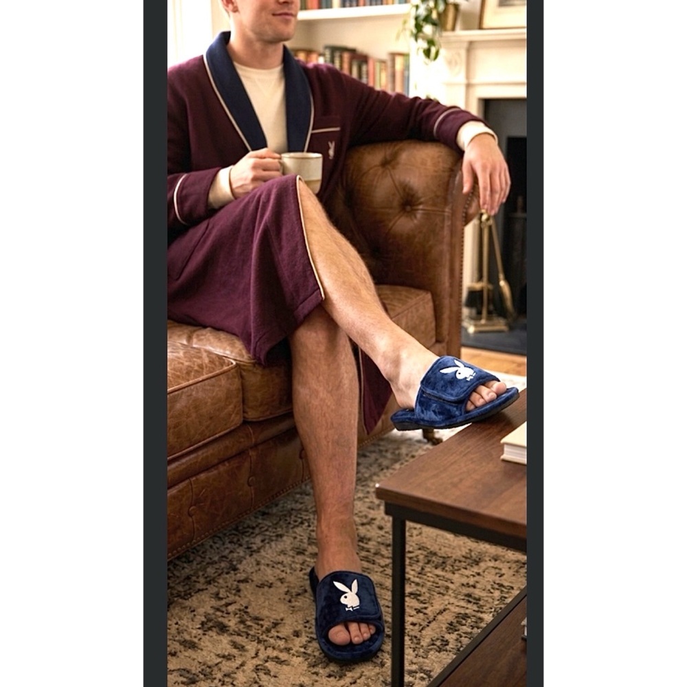 PLAYBOY MENS VELOUR SLIP ON SLIPPERS L 11/12 ROYAL BLUE MEMORY FOAM DAPPER RETRO